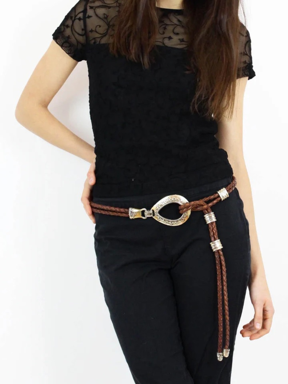 Brighton Double Barrel Brown Braided Leather Belt Cowgirl Boho Western SZ L/XL
